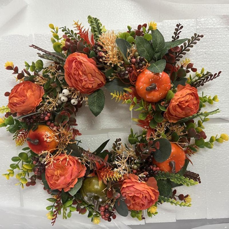 Decorative Flowers Autumn Door Wreath Christmas Halloween Thanksgiving Decoration Pumpkin Berry Pine Cone Maple Artificial Home Decor