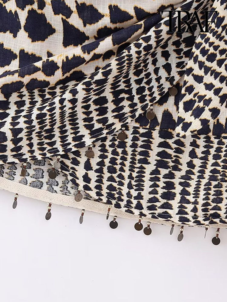 Skirts TRAF Women Fashion With Beaded Print Wrap Mini Skirt Vintage High Waist Back Zipper Female Mujer 230508
