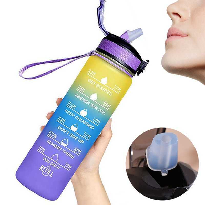 1000ml Large Capacity Water Bottle Frosted with Straw Plastic Cup Sports Cup Plastic Gradient Outdoor Sport Water Bottle Cup
