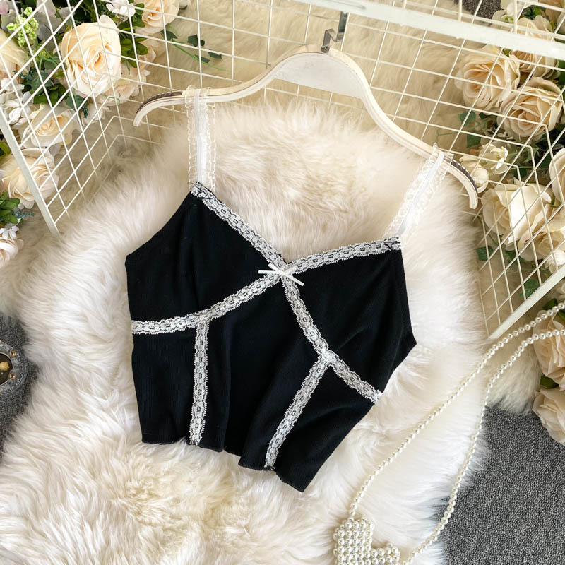 Camisoles Tanks HELIAR Women Lace Up Crop Tops VNeck Knitted Camis Short Slim Underwear Straps for WOmen Summer 230508