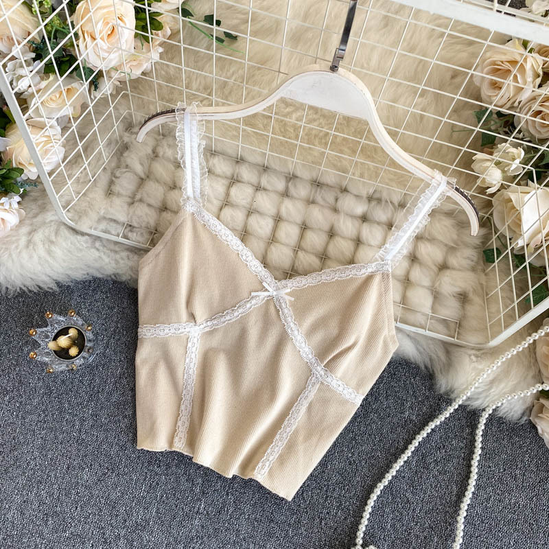 Camisoles Tanks HELIAR Women Lace Up Crop Tops VNeck Knitted Camis Short Slim Underwear Straps for WOmen Summer 230508