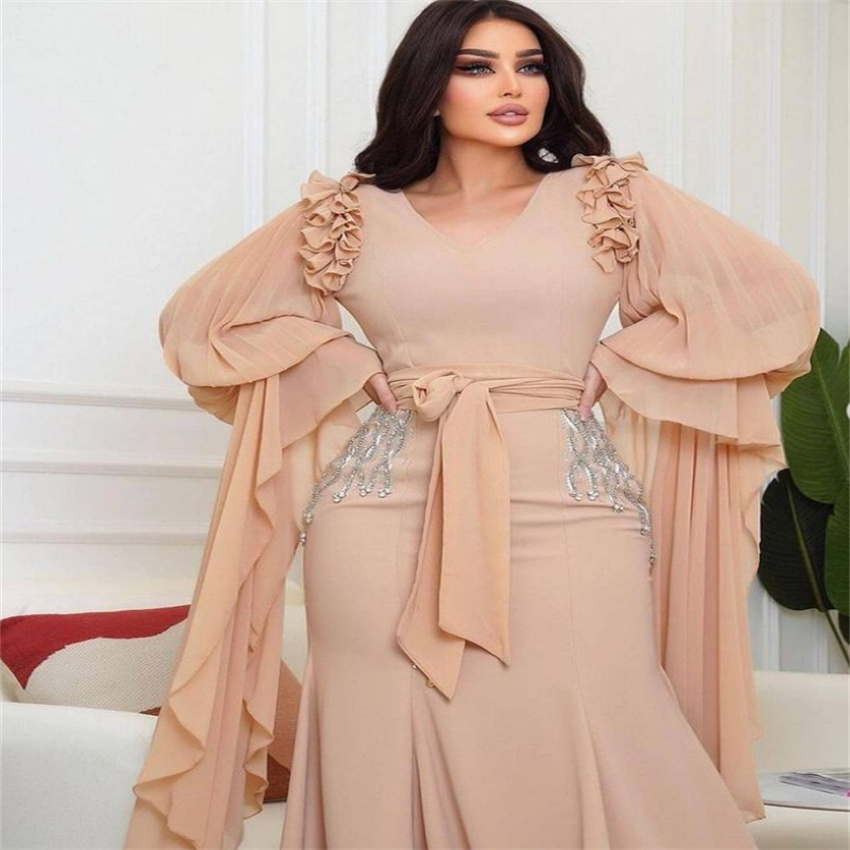 Champagne Mermaid Prom Dress Plus Size 2023 Long Sleeve Arabic Evening Dress Chiffon Applique With Sash Turkey Formal Occasion robe de soiree Dubai Pa