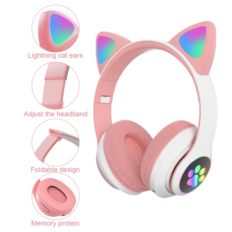 Flash Light Cute Cat Ears Bluetooth Wireless Headphones Earphone with Mic Can control LED Kid Girl Stereo Music Helmet Phone Headset Gift
