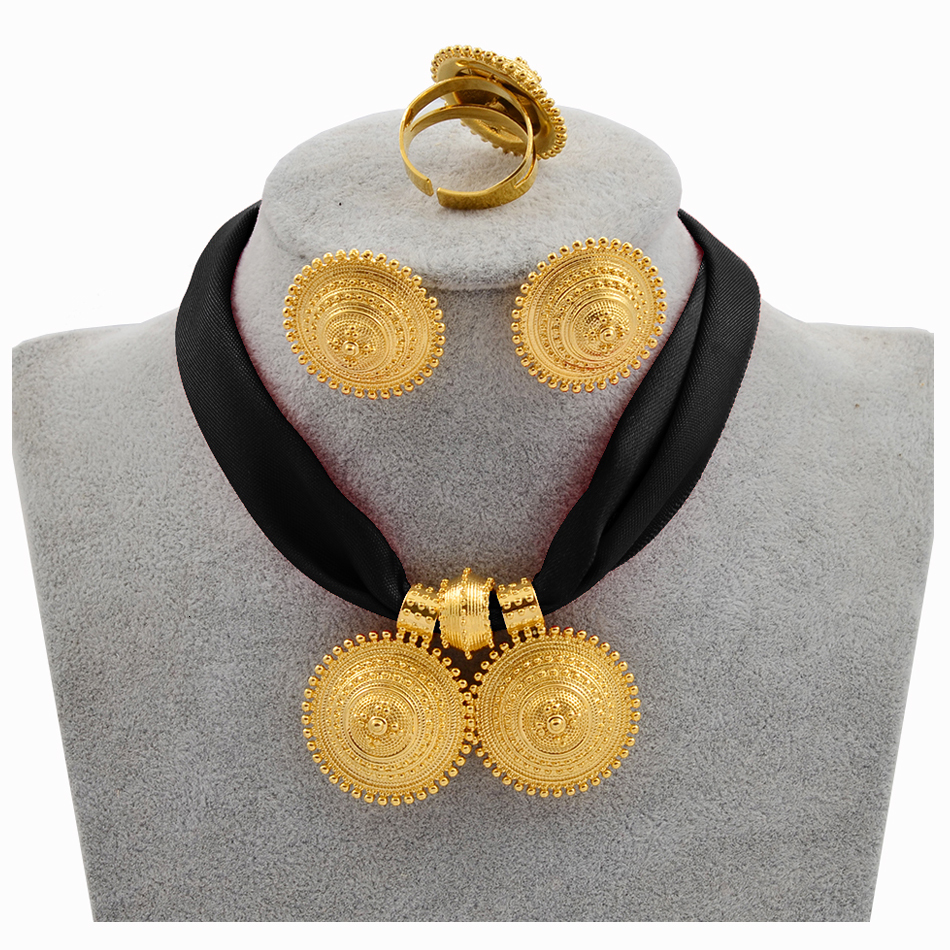Pendant Necklaces Anniyo DIY Rope Chain Ethiopian Jewelry Set Gold Color Eritrea Ethnic Style Habesha Earrings Ring #217106 230506