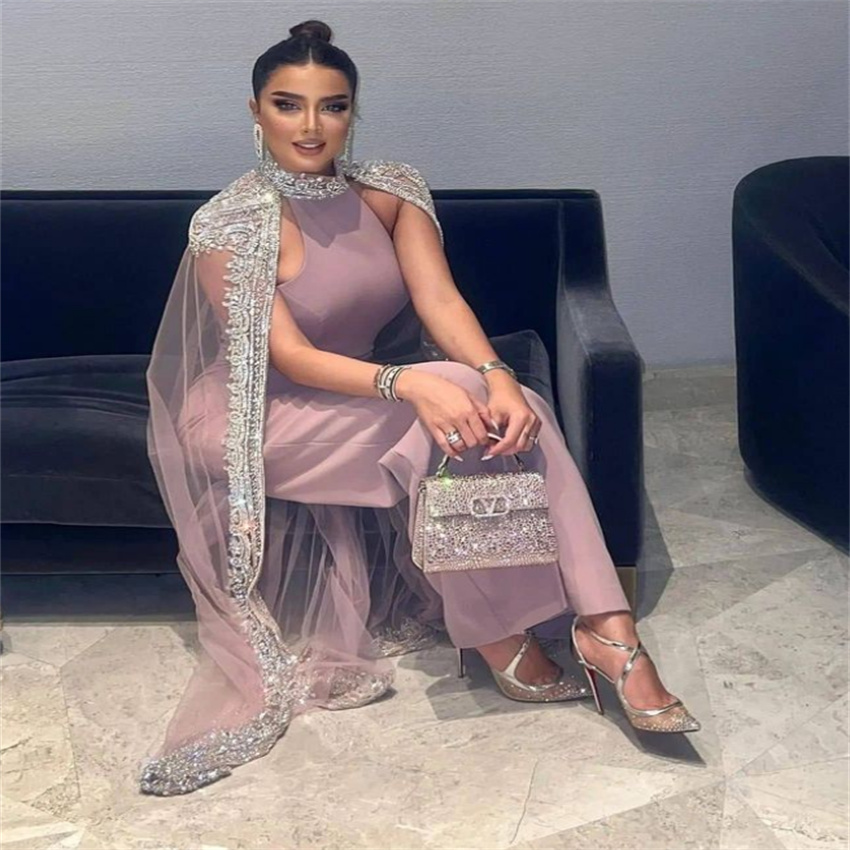 Luxury Dusty Pink Prom Jumpsuit Dress 2023 Elegant Dubai Arabic Outfit Korean Evening Dress With Cape Turkey Women Birthday Wear Vestidos De Fiesta Fo