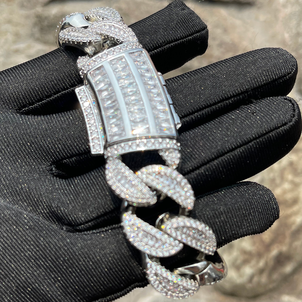 Chain Bubble Letter Baguette Cuban Link Bracelet for Men Iced Out Prong Setting Necklace Choker Real Gold Plated Hip Hop Jewelry 230506