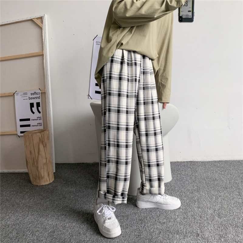 Men's Pants Men Pants Plaid Loose Comfortable Retro Casual All-match Elastic Waist Chic Wide Leg Trousers Fashion Streetwear Korean Style 230508