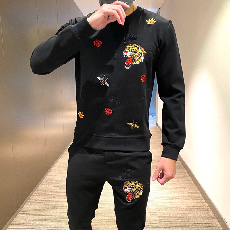 Men's Tracksuits Heavy Craft Embroidery Men's 100% Cotton Tracksuit Hoodie Fashion Casual Pants Street Casual High QualitySuit 230508