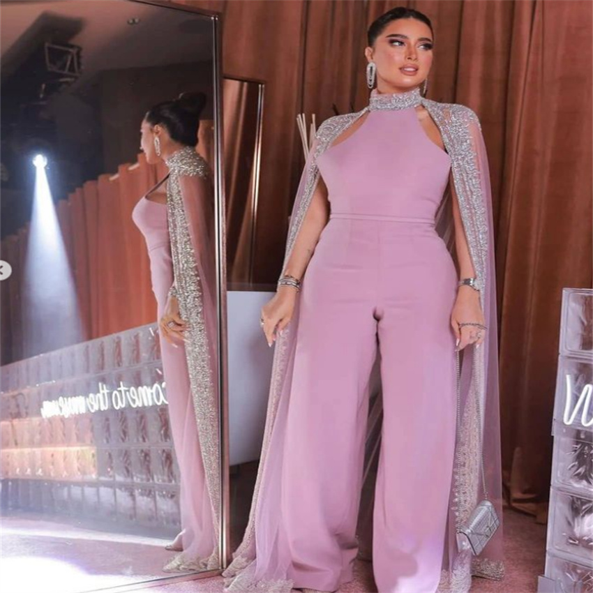 Luxury Dusty Pink Prom Jumpsuit Dress 2023 Elegant Dubai Arabic Outfit Korean Evening Dress With Cape Turkey Women Birthday Wear Vestidos De Fiesta Fo