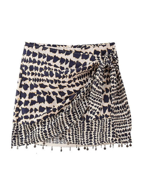 Skirts TRAF Women Fashion With Beaded Print Wrap Mini Skirt Vintage High Waist Back Zipper Female Mujer 230508