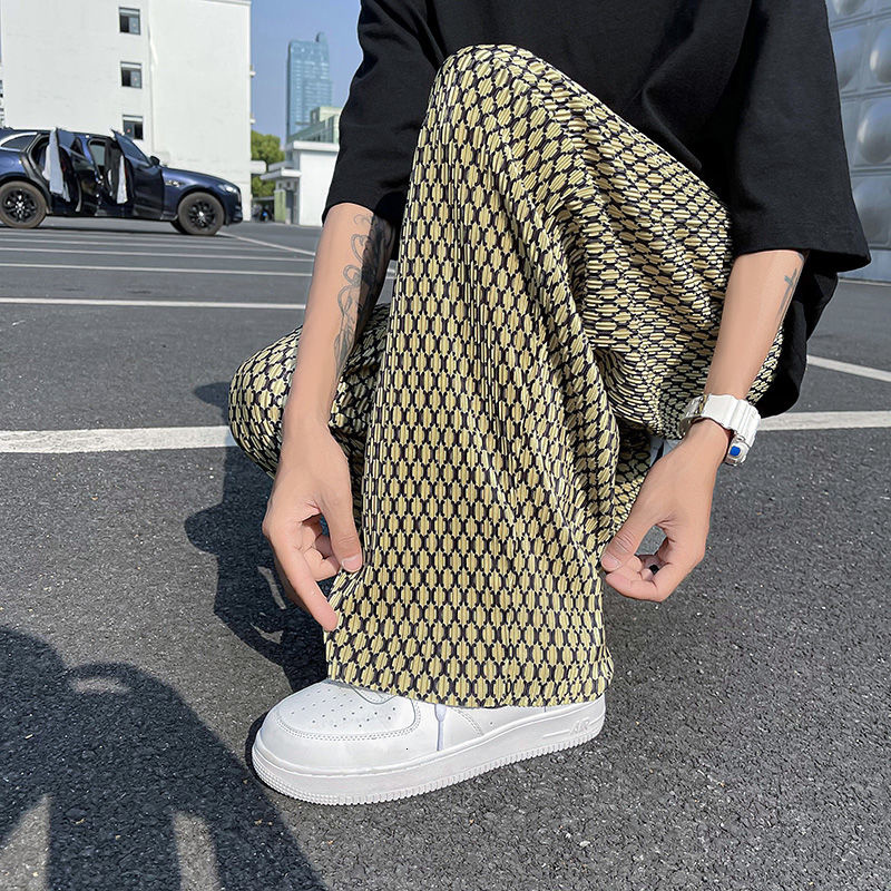 Men's Pants S-5XL Pleated Pants Men Fashion Casual Plaid Pants Men Streetwear Korean Loose Straight Ice Silk Pants Mens Plus Size Trousers 230508