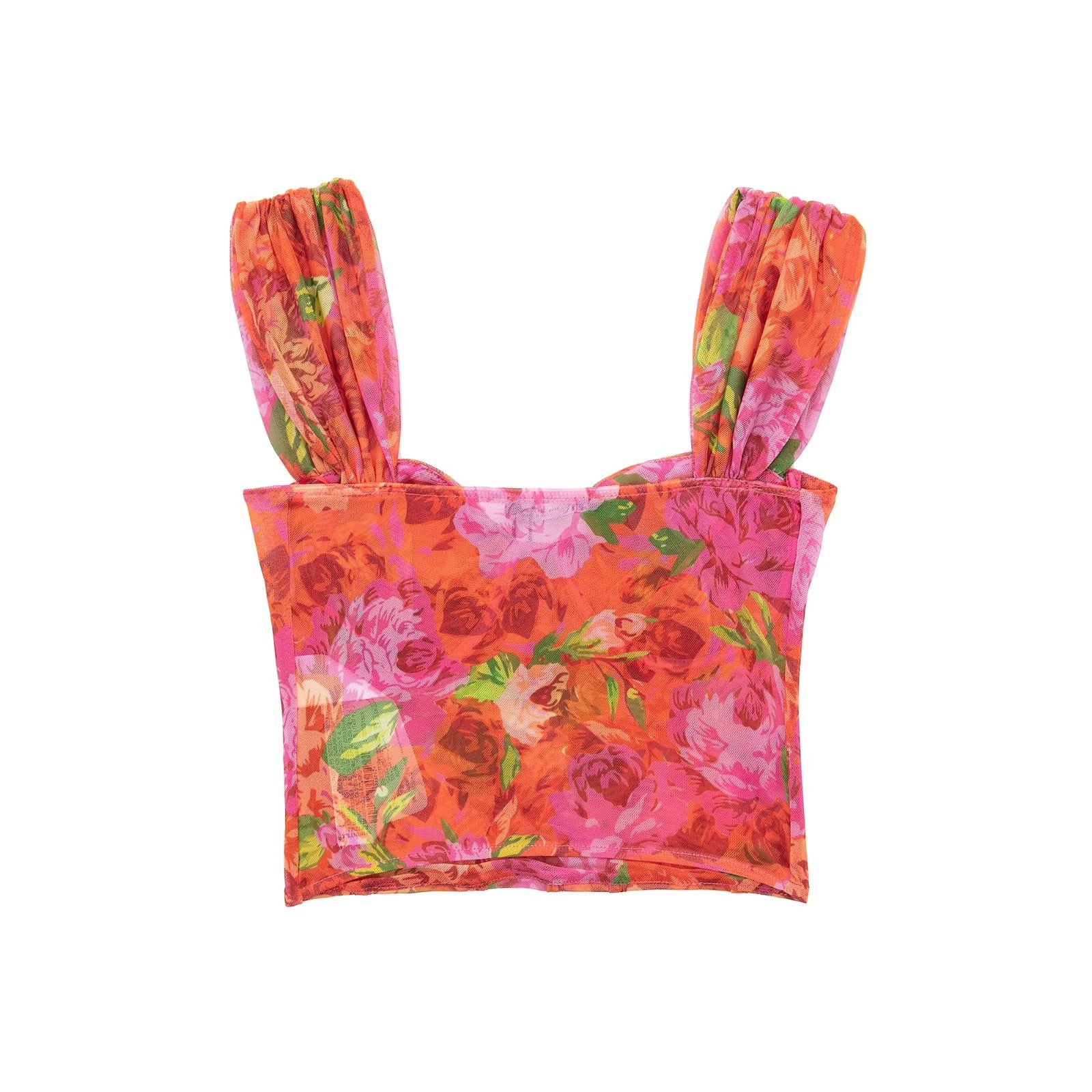 Womens holiday print flowers tanks gauze fabric stretchy sexy spaghetti strap bustier short high waist camis SML