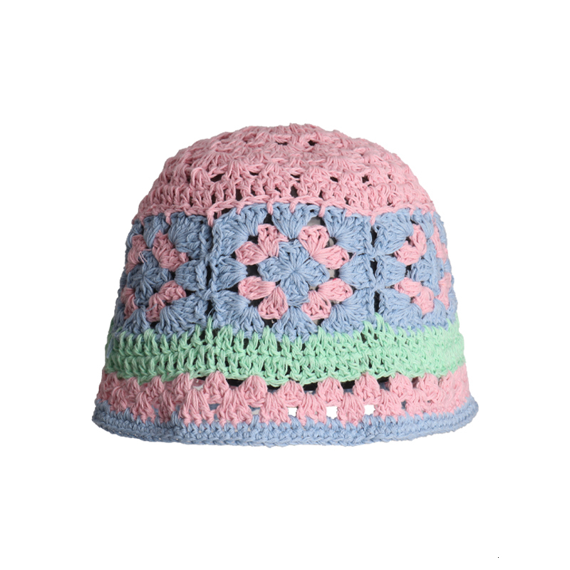 Wide Brim Hats Bucket Hats Y2K Cotton Knitted Crochet Flower Bucket Hat Fisherman Hats for Women Sweet Handmade Hollow Basin Beanie Hat Gorro 230509