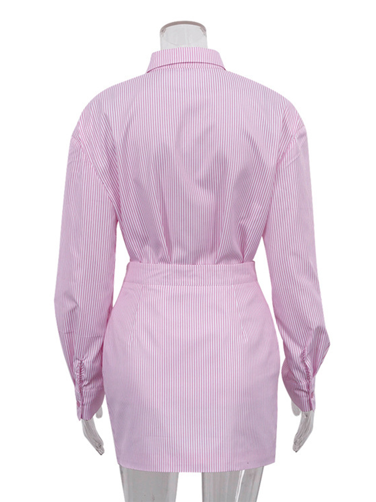 Two Piece Dress Jyate Fashion Pink Stripe Sets Outifits Autumn Sexy Long Sleeve Shirts Matching High Waist Mini Skirt 2023 230508