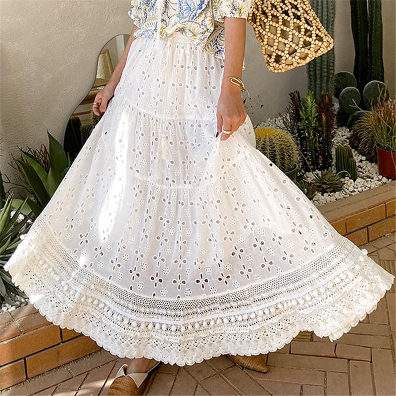 Skirts BOHO INSPIRED White Eyelet For Women Elastic Waist Tassel Tied Pom Trims Summer Skirt Long Bohemian Womens, Picture color 
Skirts BOHO INSPIRED White Eyelet For Women Elastic Waist Tassel Tied Pom Trims Summer Skirt Long Bohemian Womens, Picture color