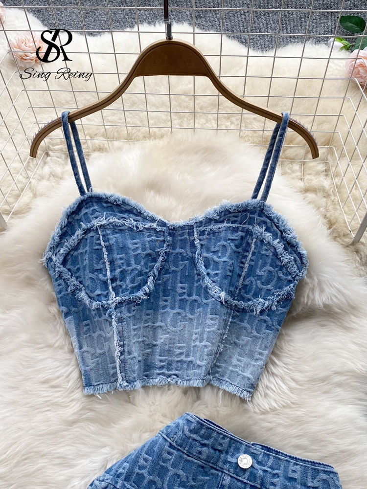Two Piece Dress SINGREINY Women Summer Sexy Denim Set Strapless Sling Zipper n Tops Short Button Mini Skirt Jeans Suits 230509