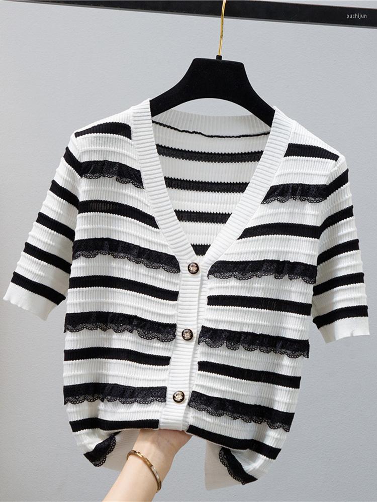 Women's T Shirts Lace Patchwork Knitted Cardigan T-Shirts For Women Short Sleeve Striped Tee Shirt Femme Summer Tshirt Womens Clothing, Black
Women's T Shirts Lace Patchwork Knitted Cardigan T-Shirts For Women Short Sleeve Striped Tee Shirt Femme Summer Tshirt Womens Clothing, Black