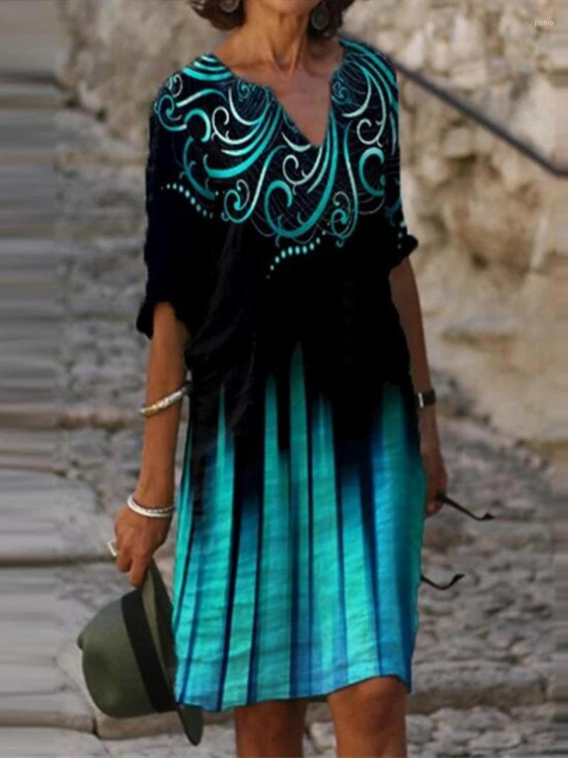 Casual Dresses Women Elegant Floral Print Dress Summer Clothes Half Sleeve Midi V-neck Vintage Beach Vestidos De Mujer