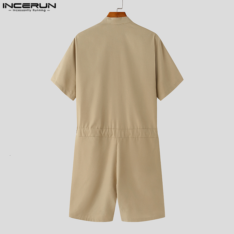 Men's Shorts Fashion Men Rompers Solid Stand Collar Short Sleeve Streetwear Drawstring Zipper Jumpsuits Men Cargo Overalls S-5XL INCERUN 230509