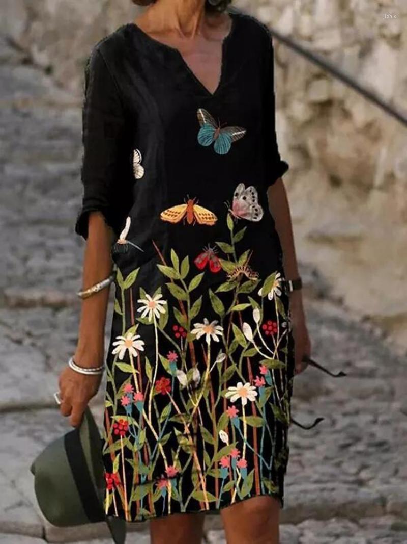 Casual Dresses Women Elegant Floral Print Dress Summer Clothes Half Sleeve Midi V-neck Vintage Beach Vestidos De Mujer