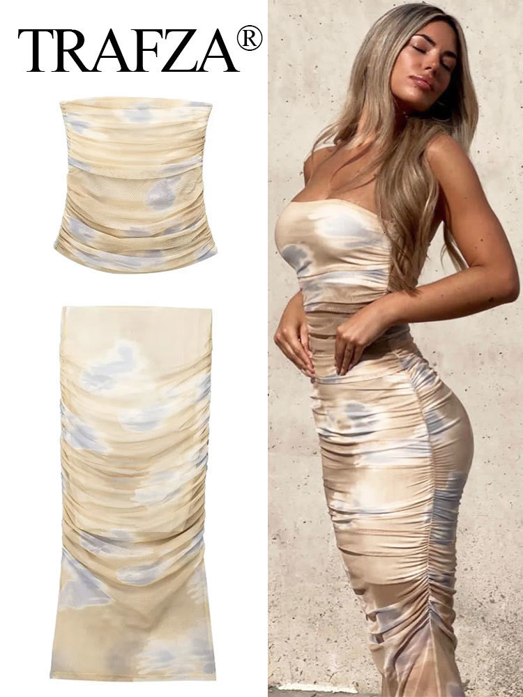 

Two Piece Dress TRAFZA Women Draped Skirt Sets Sexy Backless Strapless Tube Tops Pleated Tulle Midi Skirts Female Summer Streetwear 230509, Print top