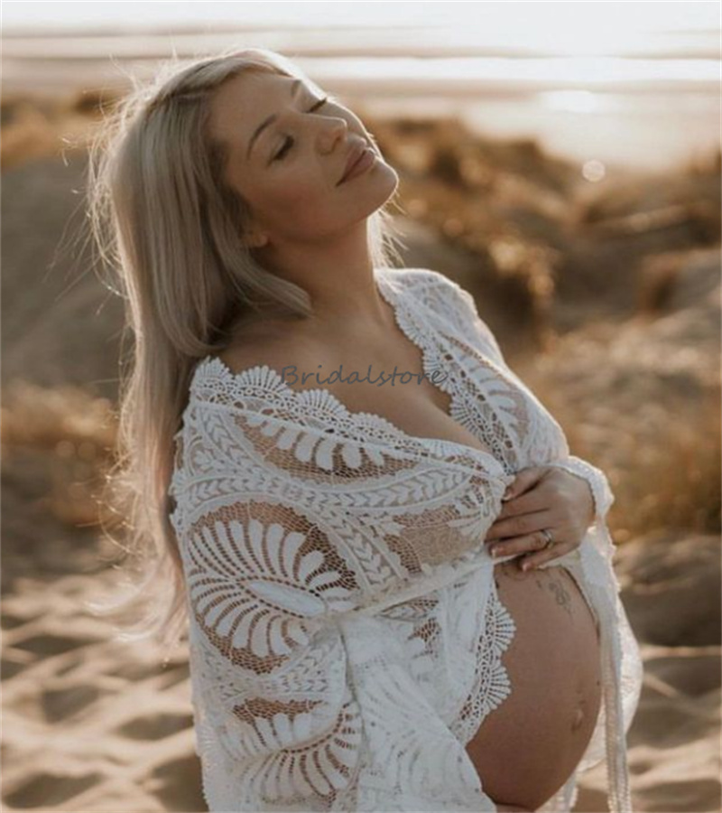 New Lace Maternity Wedding Dress For Baby Shower 2023 Photo Shoot Long Sleeve Boho Beach Bride Dresses Civil Pregnant Bridal vestidos de novia robe de
