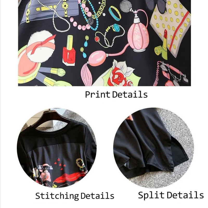 Casual Dresses Summer Dress Women Large Size Slimming Loose Fashion Belly-covering Length Black Spliced Printing Vintage Oversized Dress 230509