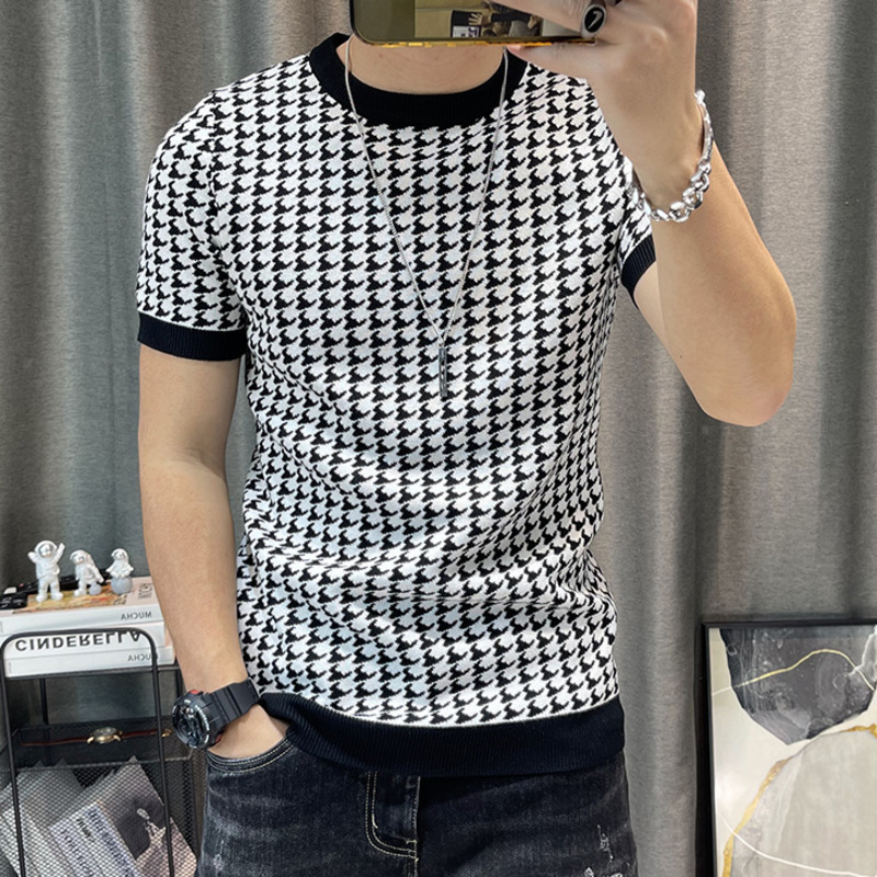 Men's Houndstooth Short Sleeve Sweater T-Shirt O-Neck Knitted Top Tees Casual Streetwear Polyester Spandex Spring Summer England Style
