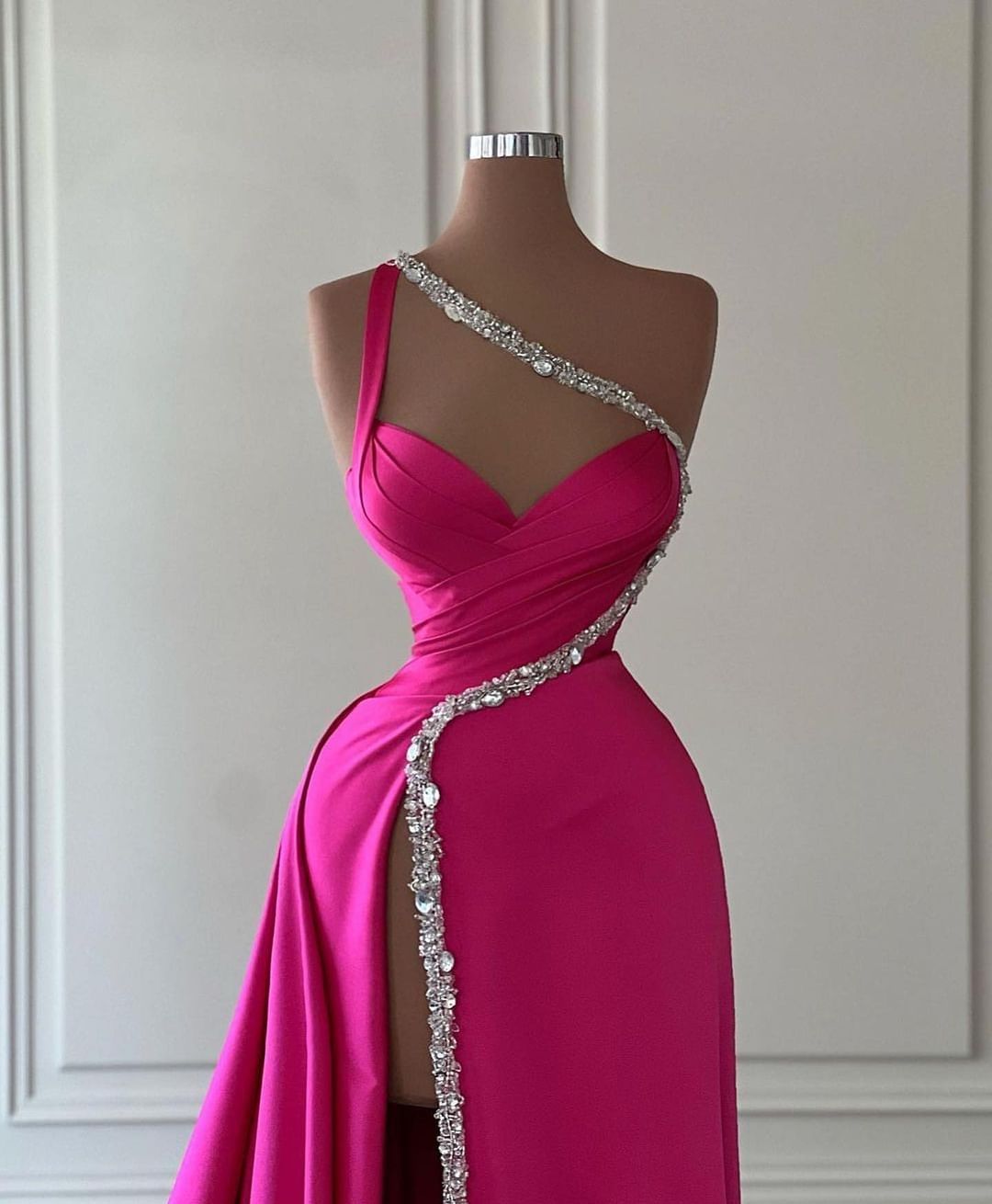 Pink Prom Slit Beads Decor satin Evening Dresses elegant Pleats Long Special Ocn dress