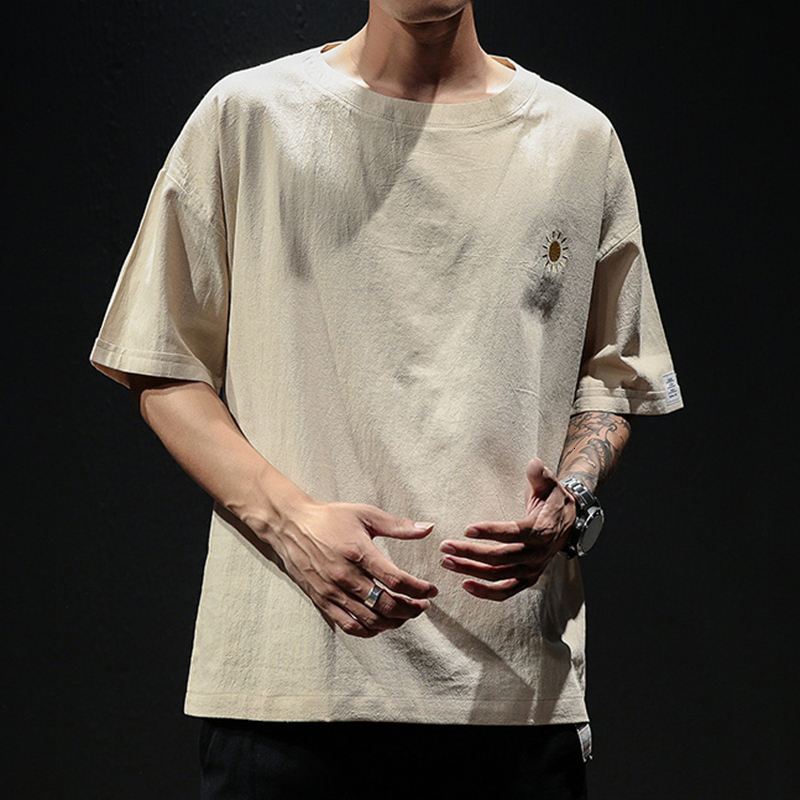 Men's T-Shirts Summer Men's Short-Sleeved T-shirt Cotton and Linen Casual Men's T Shirts Male Breathable Loose Hip Hop Embroidery Top T