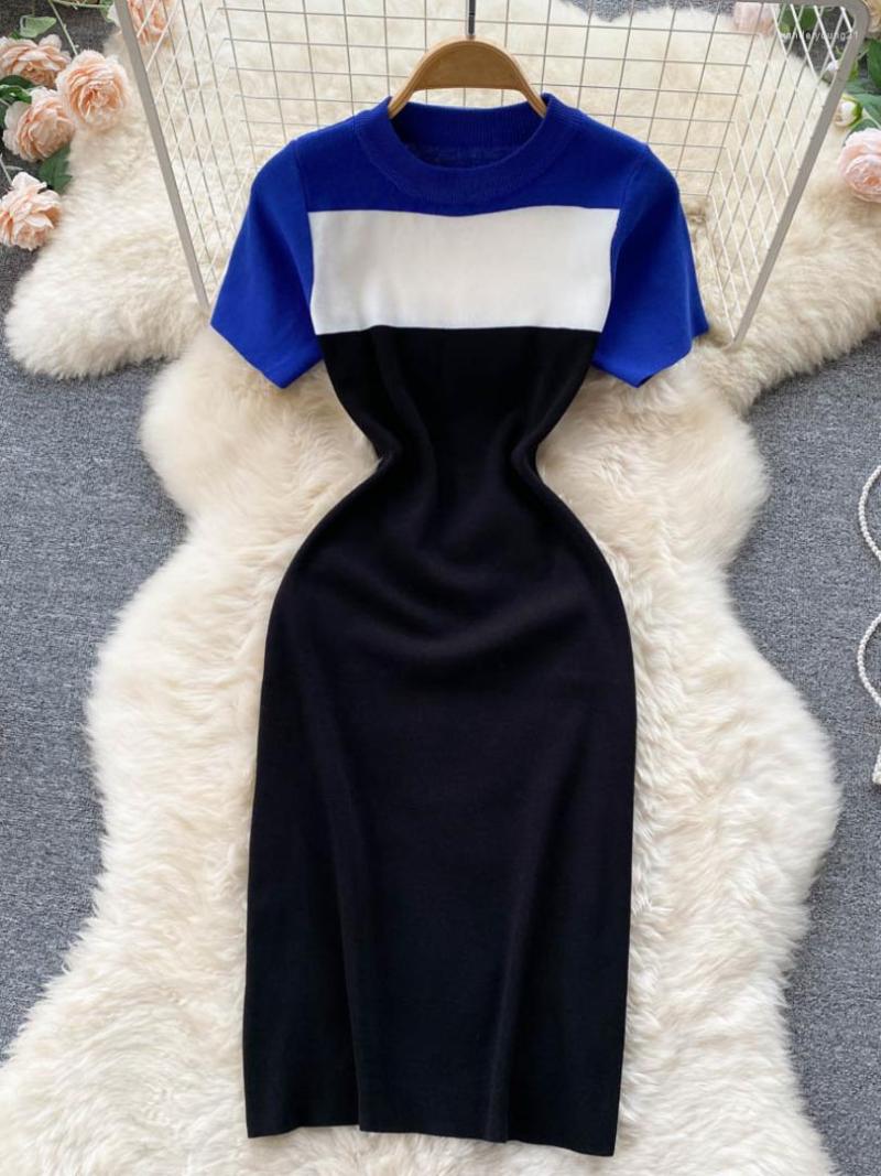 Party Dresses Elegant Color Match Knit Dress Korean Chic Summer 2023 Fashion O-neck Short Sleeve Slim Elastic Knee Length, Blue
Party Dresses Elegant Color Match Knit Dress Korean Chic Summer 2023 Fashion O-neck Short Sleeve Slim Elastic Knee Length, Blue