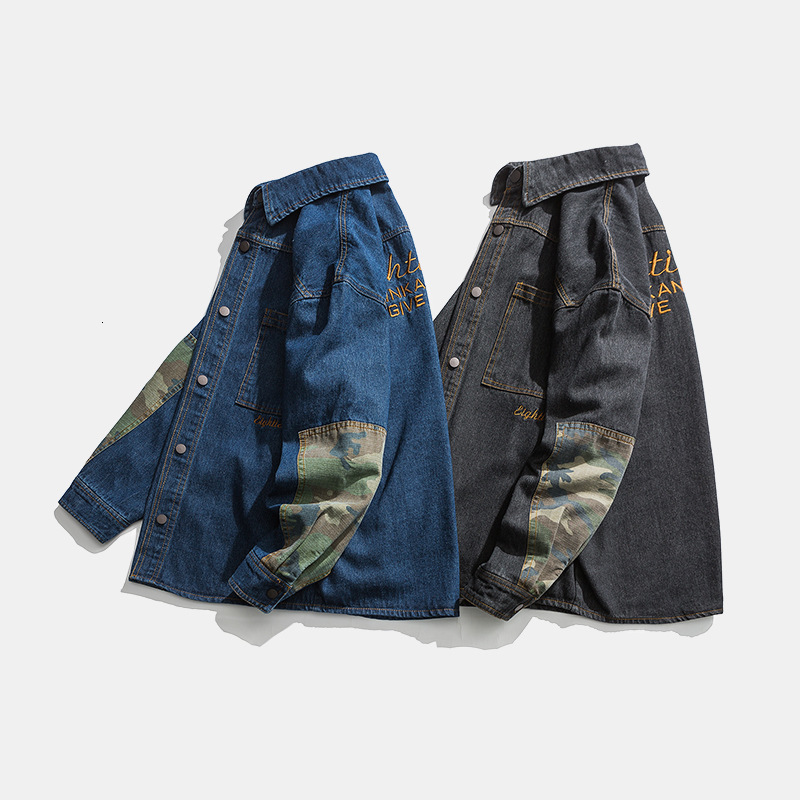 Men's Jackets Men's Fashion Camouflage Patchwork Denim Shirt Jacket Spring and Autumn American Style Back Letter Embroidery Loose Lapel Jack