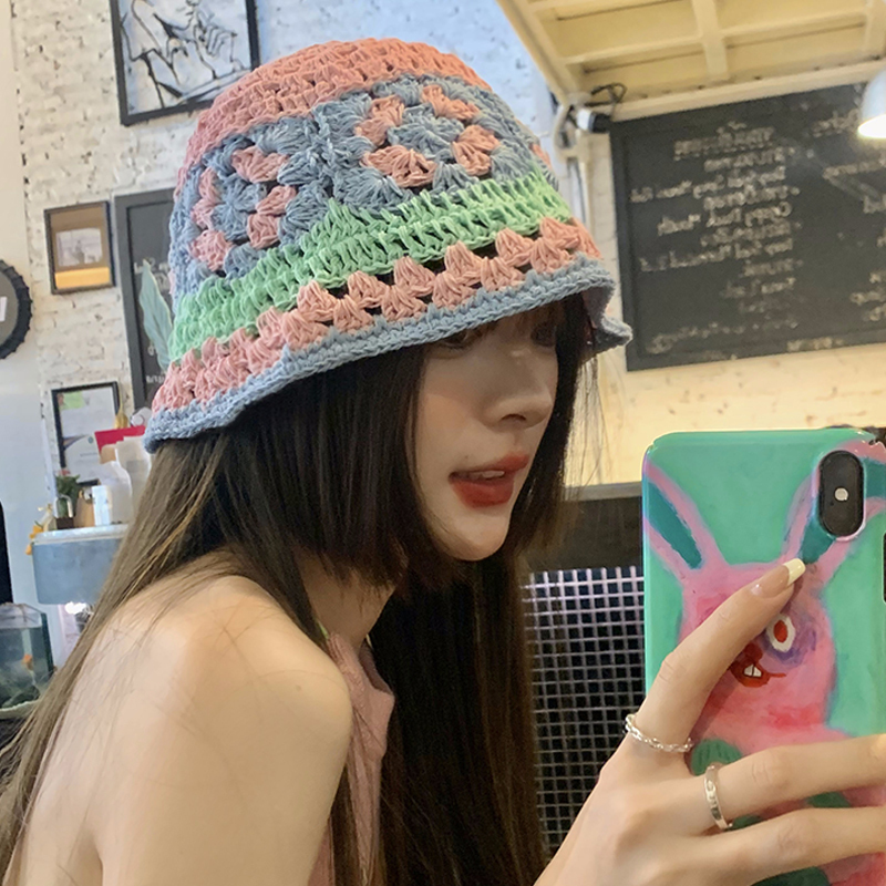 Wide Brim Hats Bucket Hats Y2K Cotton Knitted Crochet Flower Bucket Hat Fisherman Hats for Women Sweet Handmade Hollow Basin Beanie Hat Gorro 230509