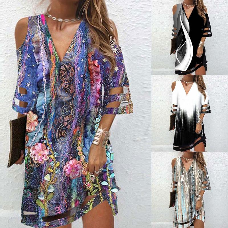 Casual Dresses Short For Women Summer V Neck Printed Off Shoulder Sleeved Dress Female Vestidos Mujer Verano 2023, Black