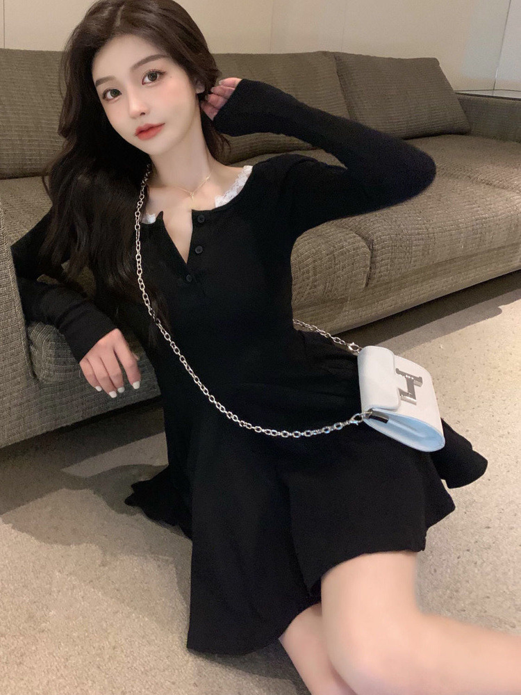 Casual Dresses QWEEK Knitted Black Wrap Dress Women Korean Style Bodycon Lace Long Sleeve Short Dresses Autumn Kpop Outfits Solid 230509