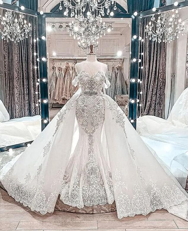 Plus Size Arabic Aso Ebi mermaid Wedding Dresses with detachable train Luxurious Crystals Lace applique Beaded Bridal Dresses