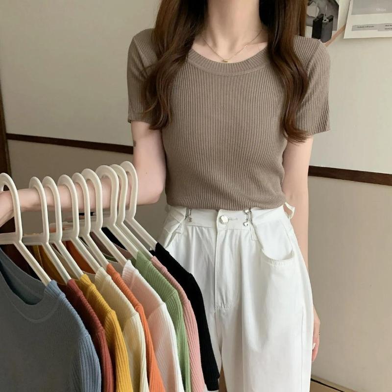 Women's T Shirts Knit Slim Aesthetic Short Sleeve Shirt Solid White Green Fashion Woman Blouse 2023 Summer
Women's T Shirts Knit Slim Aesthetic Short Sleeve Shirt Solid White Green Fashion Woman Blouse 2023 Summer