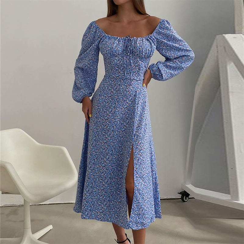 Casual Dresses European Style Slash Neck Floral Bandage Women Dress Ankle-Length Split High Waist Sexy Full Sleeve Lantern Vintage Long Skirt 230509