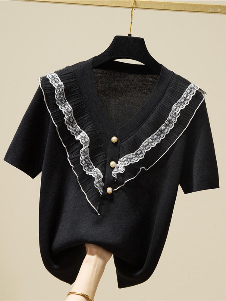Women's T Shirts Lace Ruffles Knitted Tops Shirt Women Thin Short Sleeve Button T-Shirts Korean Fashion Clothing Summer Tshirt Camisetas, Black
Women's T Shirts Lace Ruffles Knitted Tops Shirt Women Thin Short Sleeve Button T-Shirts Korean Fashion Clothing Summer Tshirt Camisetas, Black