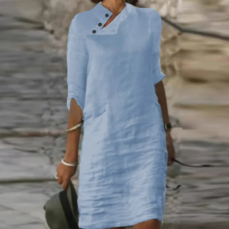 Casual Dresses Casual Solid Pullover Dresses Spring Cotton Linen Loose Medium Length Dress Retro Button Stand Collar Half Sleeve Dress 230509