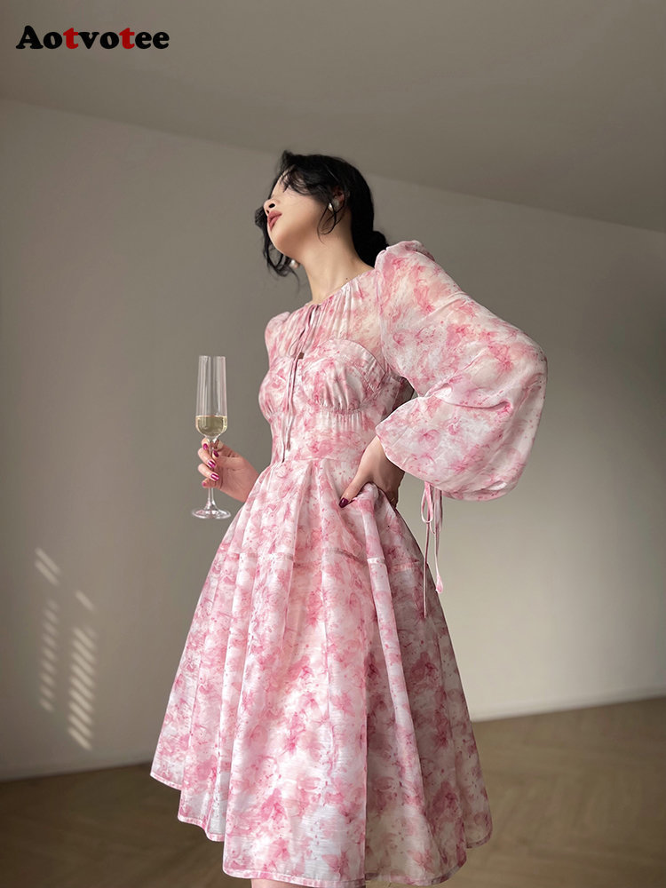 Party Dresses Floral Mini For Women High Wiasted French Style O Neck Long Sleeve A Line Casual 230508