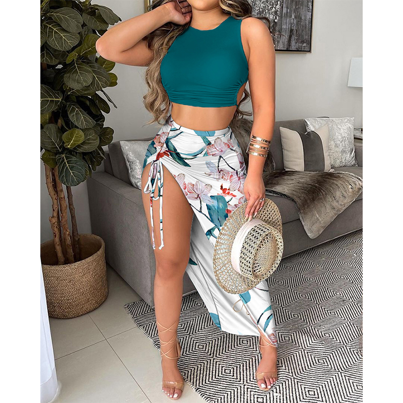 Two Piece Dress Summer Beach Style Sexy Drawstring Ruched Top Floral Print High Slit Skirt Set Women Tank Tops Midi Daily Wear 230509