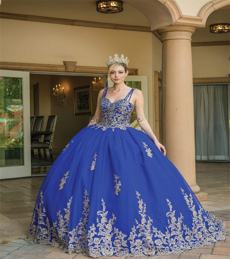 Princess Blue Quinceanera Dresses 2023 Sweet 15 Years Old Prom Dress Spaghetti Straps Appliques Lace Dance Formal Pageant Gowns Sweet 16 Birthday Wear