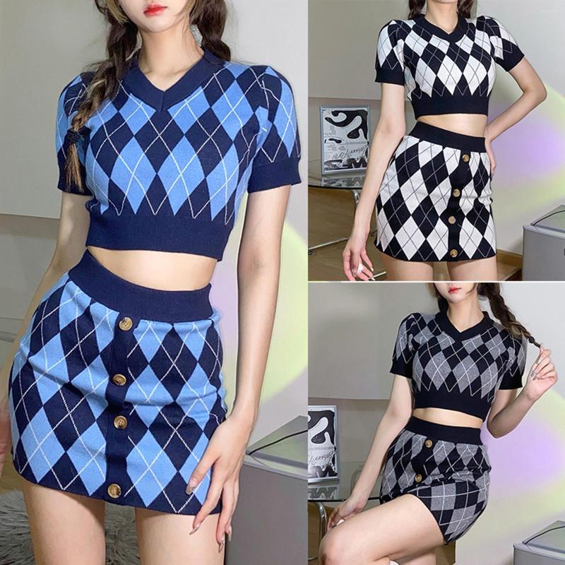 Work Dresses IMCUTE Y2K Knit Skirt Set Women' Autumn Retro Diamond Pattern V-neck Short Sleeve Top High Waist Button A-line, Blue
Work Dresses IMCUTE Y2K Knit Skirt Set Women' Autumn Retro Diamond Pattern V-neck Short Sleeve Top High Waist Button A-line, Blue