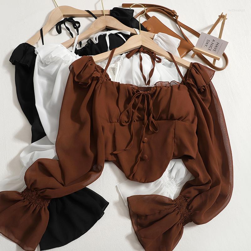 Women's Blouses Flare Sleeve Women Tops Ruffle Solid Color Elastic Waist Halter Backless Chiffon Shirts Slim Ladies Sexy Short, White
Women's Blouses Flare Sleeve Women Tops Ruffle Solid Color Elastic Waist Halter Backless Chiffon Shirts Slim Ladies Sexy Short, White