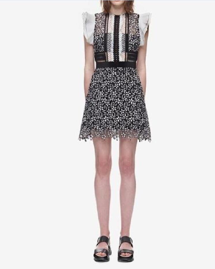 se-lf-p-t Summer Hollow Water Soluble Lace Round Neck Flying Sleeves Slim Dress