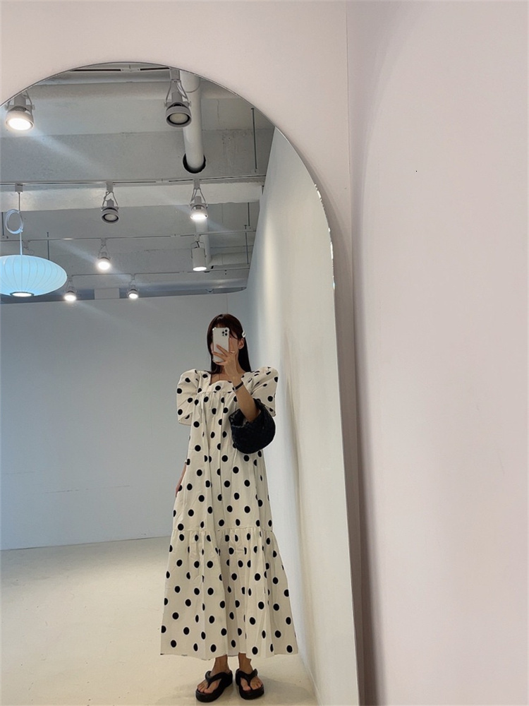 Casual Dresses Summer Fashion Women Puff Sleeve Polka Dot Dress Casual Office Loose Black Dress Korea Ladies Womens Pullover Long Print Dresses 230509