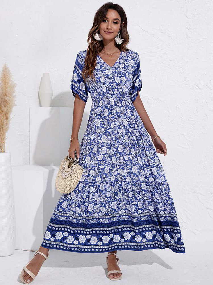 Casual Dresses Summer Viscose Maxi Boho Dress Women Elegant Long Floral Dress Ladies Flower Print Bohemian Party Dress For Women 230509