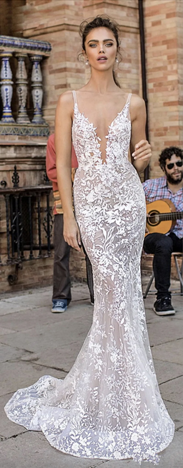 Berta Vintage Mermaid Dresses Spaghetti Sexy Backless Bridal Gowns Sweep Train Illusion Beach Wedding Dress 0509