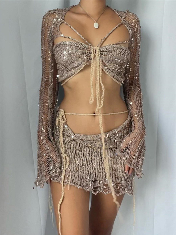 Two Piece Dress Sequins Knitted Hollow Out Four Set Women Sleeveless Cropped Top Midi Bodycon Skirt Suit 2023 Summer Beach Female Outfits 230508